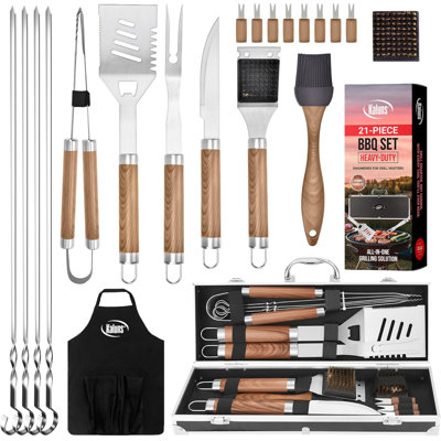 Ensemble d'outils de barbecue en acier inoxydable Kaluns avec étui de transport en aluminium et tablier, antiadhésif, allant au lave-vaisselle et accessoires argentés (brun)