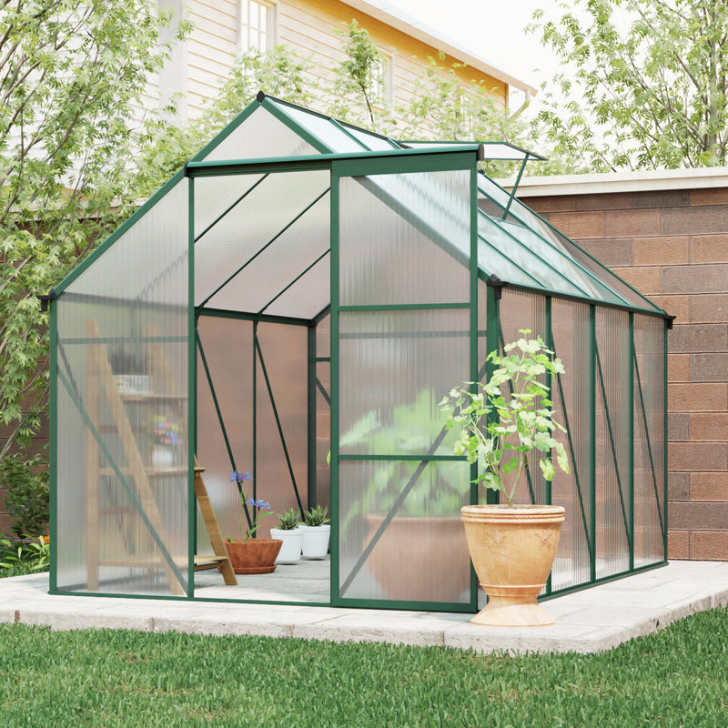 Solara Modern Walk-In Greenhouse with Adjustable Roof and Durable Aluminum Frame, Green, 76.77" H x 146.06" W x 146.06" D