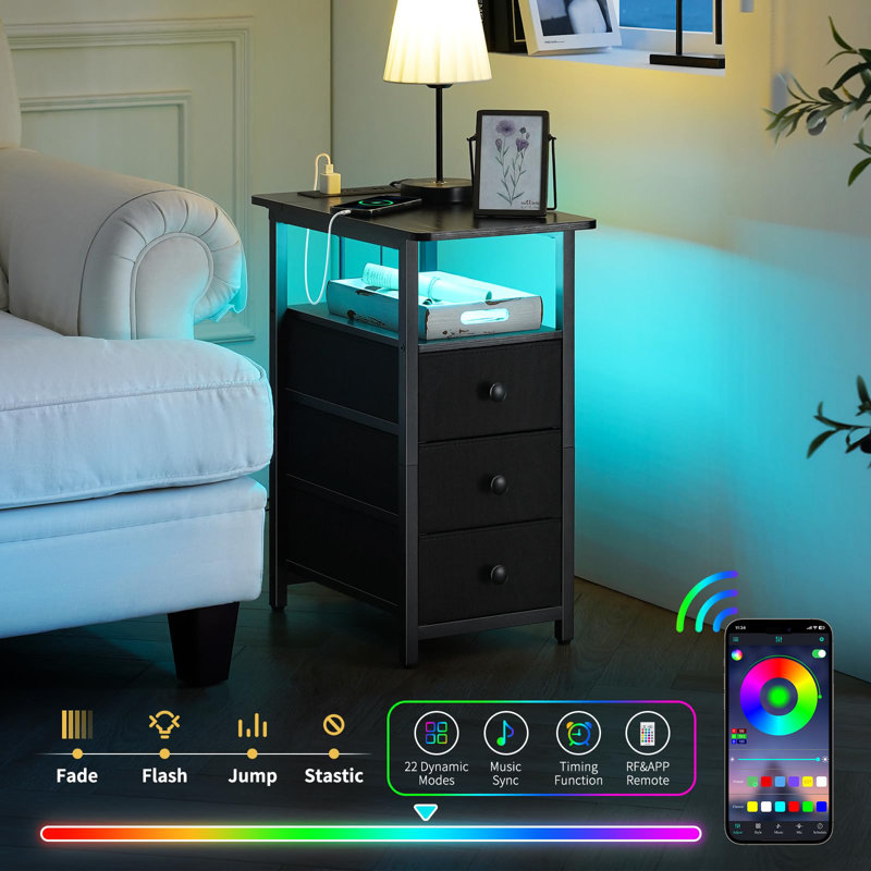 Black Metal and Fabric 3-Drawer Nightstand with LED Lighting