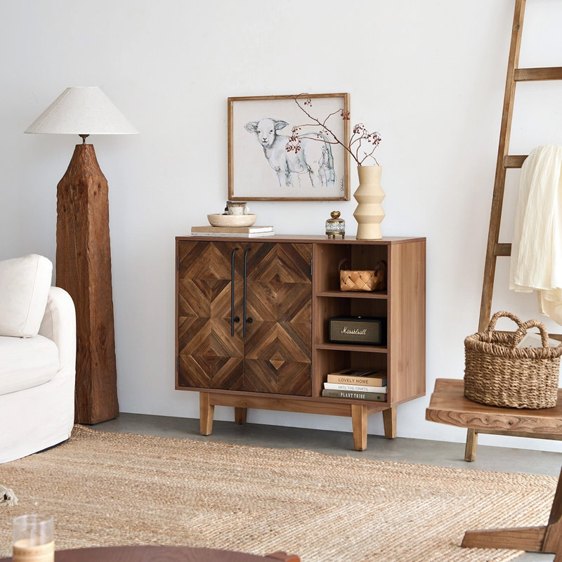 37.4" Wide Accent Cabinet with Geometric Reclaimed Wood Doors and Open Shelving