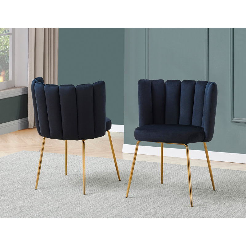 Black Velvet Upholstered Side Chairs with Gold Metal Legs, Set of 2