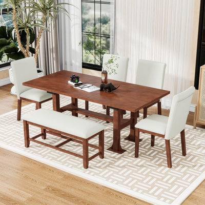 6-Piece Extendable Dining Table Set with Removable Leaf, Trestle Base, Upholstered Chairs and Bench