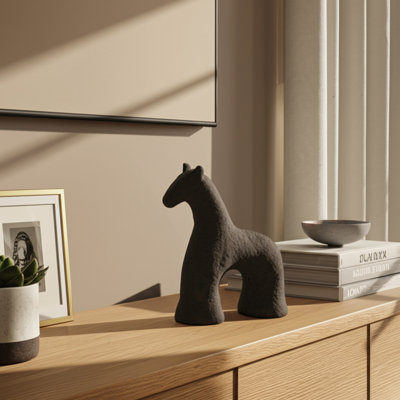 Decorative Cement Textured Horse Figurine Object for Table Decor - Sculptural Statue Accent for Office, Living Room or Home Decoration - Black