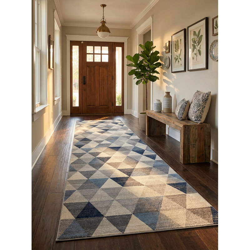 Rug Branch Eldin 2' x 20' (2'3" x 20')  Blue/Beige Geometric Indoor Runner Rug, Contemporary, Low Pile, Stain-Resistant Hallway Carpet - Entryway, Mudroom, Bedroom, and Kitchen