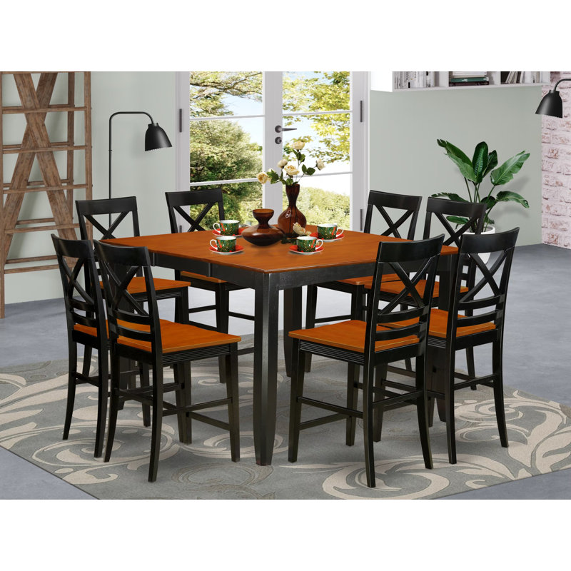 9 Piece Counter Height Pub Set Includes a Square Dining Table with Pedestal and 8 Kitchen Dining Chairs, Black & Cherry