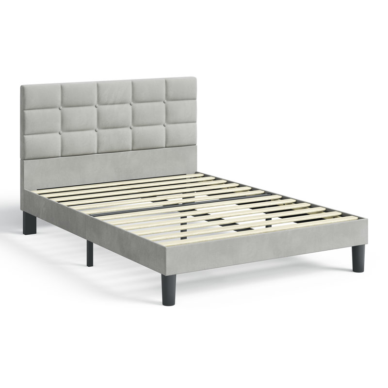 Velvet Upholstered Platform Bed with Headboard, Double (4'6)