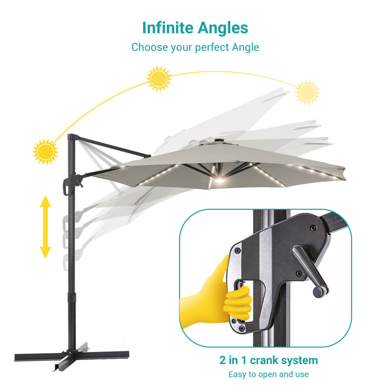 Parasol en porte-à-faux éclairé avec manivelle 132 po Agace inclus, Gris