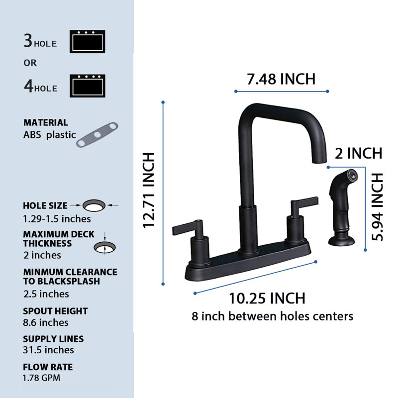 Kitchen Faucet With Spray Nozzle, Stainless Steel Kitchen Sink Faucet With Side Spray, 3 Or 4 Holes., Black