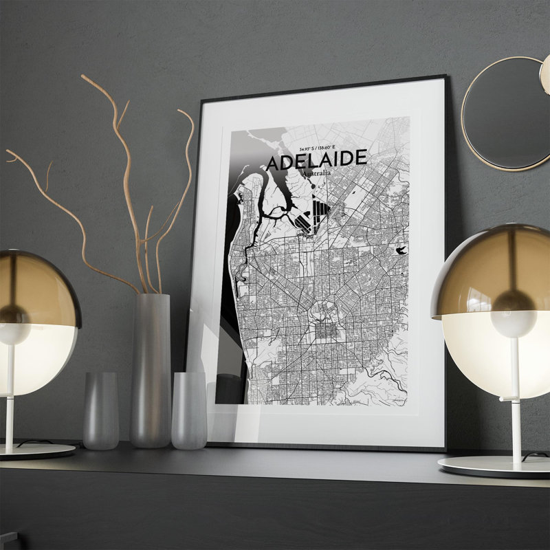 Adelaide City Map, impression, H 17 po x l 11 po, Noir et blanc