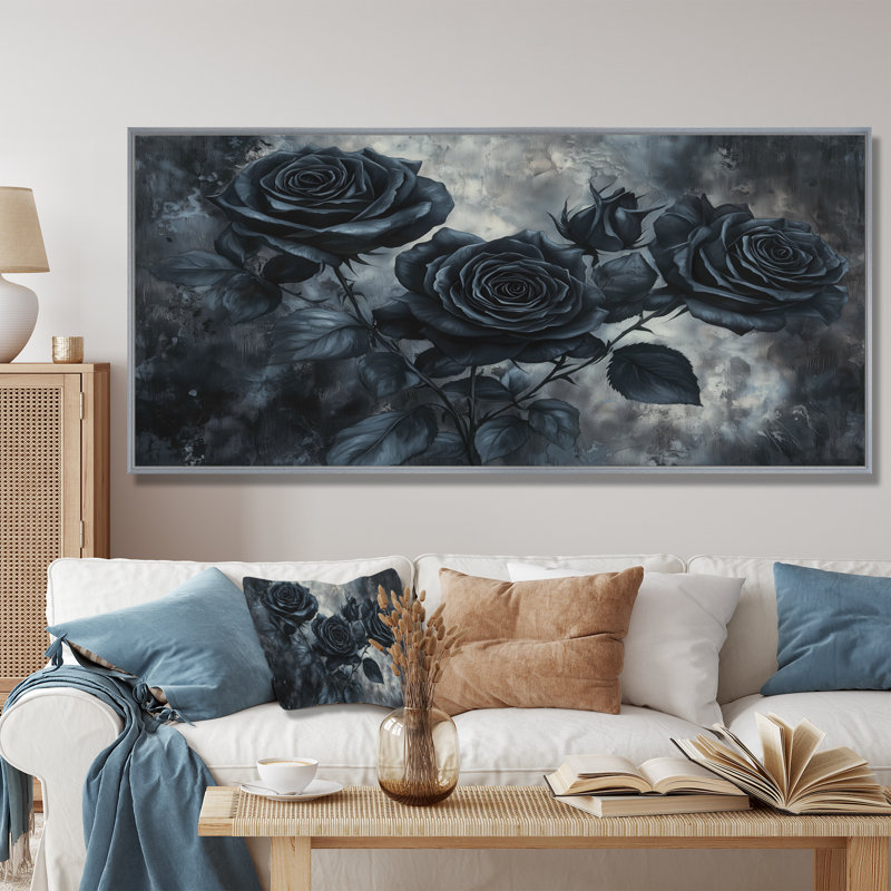 Midnight Roses Elegance I - Art mural floral grand, Argent argent, H 28 po x l 60 po, Cadre flottant