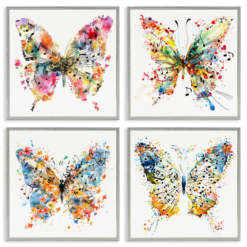  «Butterflies with Music Notes», ensemble de 4 giclées par LSR Design Studio, Estampe numérique Farmhouse, H 12 po x l 12 po