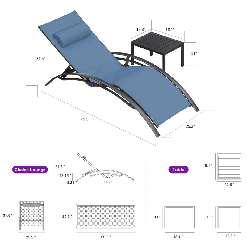 Patio Outdoor 69.3" Long Reclining Chaise Lounge Set Of 3 With Arm For All Weather, Side Table Included, Indigo
