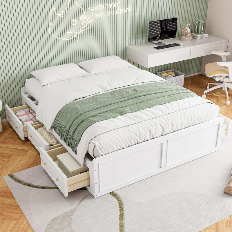 Structure de lit plateforme en bois avec 6 tiroirs, Blanc