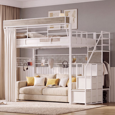Lit mezzanine moderne avec barrière de sécurité haute, escalier de rangement, tête de lit et armoire, lit mezzanine en bois avec éclairage DEL, étagères et tiroirs ouverts, facile à assembler soi-même