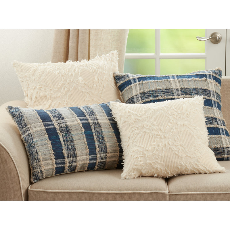 Blue and White Striped Woven Cotton Throw Pillow