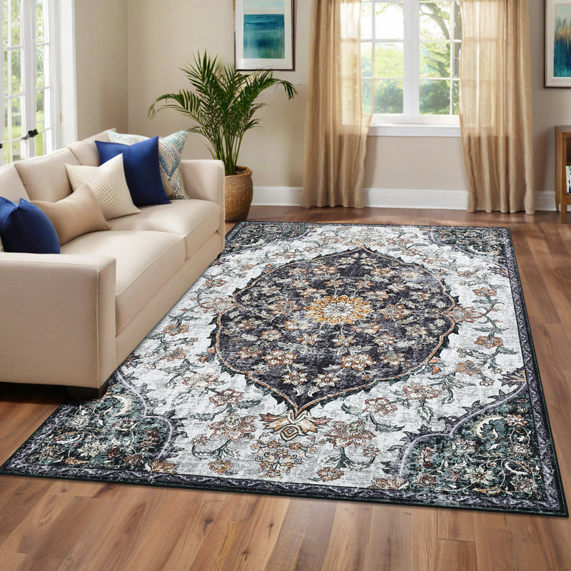 5x7 Vintage Area Rug Washable Rug Indoor Carpet for Living Room Playroom Bedroom Dining Room Office Black, Rectangle 5' x 7'