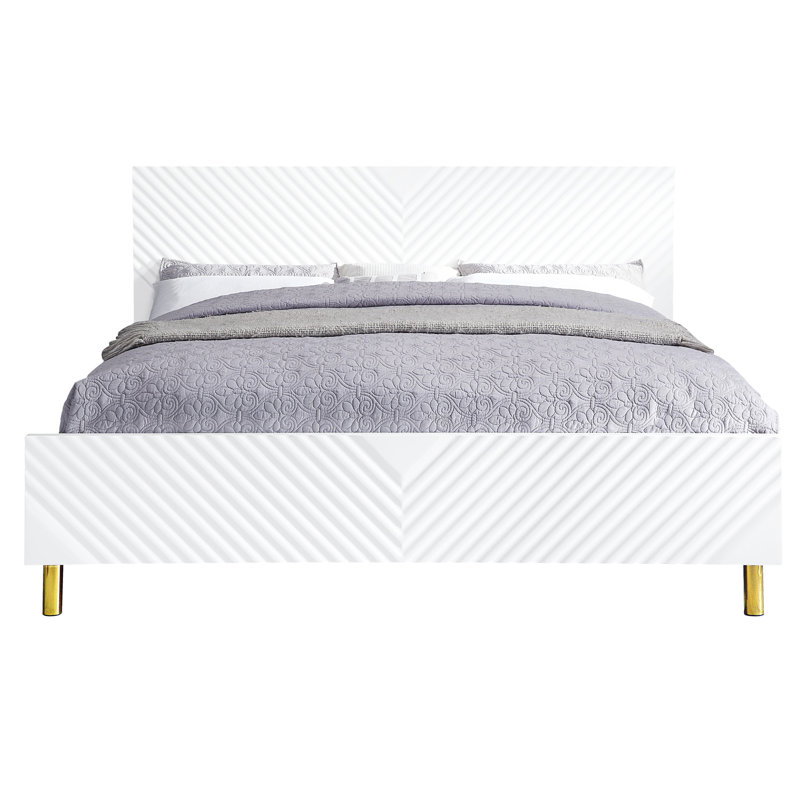 Lit Ek avec blanc ultrabrillant - aucun sommier nécessaire, entièrement en kd, ondulé, 39 lattes, 4 pieds en métal, capacité de charge de 660 lb. Finition du motif requise, poids