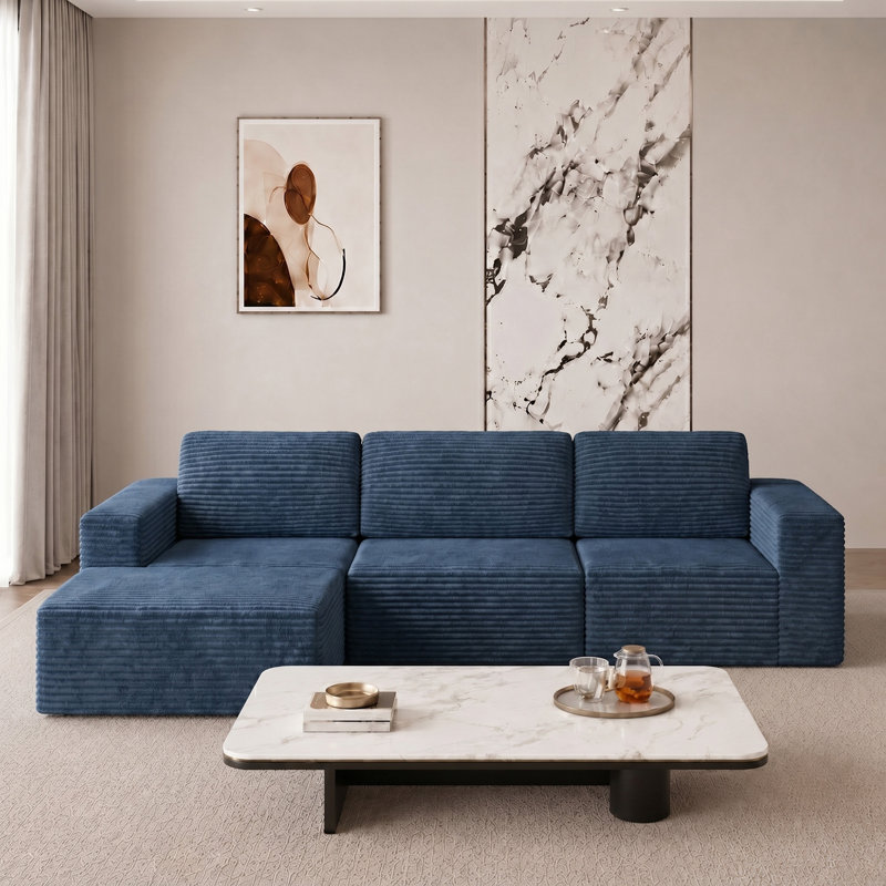 3 Seater Corduroy Sectional, Blue