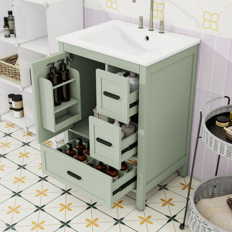Meuble-lavabo de salle de bain avec lavabo en céramique, support de porte de rangement et 3 tiroirs, Vert
