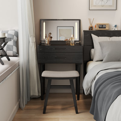 Aevah Solid Wood Vanity Desk with Flip Top Mirror & Lights, Small Makeup Vanity with Drawers, 3 Lighting Modes Adjustable Brightness, Vanity Table for Bedroom and Living Room