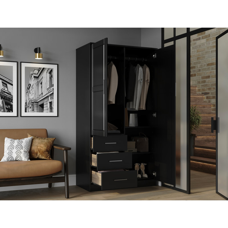 Armoire-penderie 100% en bois massif à 2 portes Metro avec tiroirs, tablettes et tringle - armoire de rangement pour vêtements autoportante