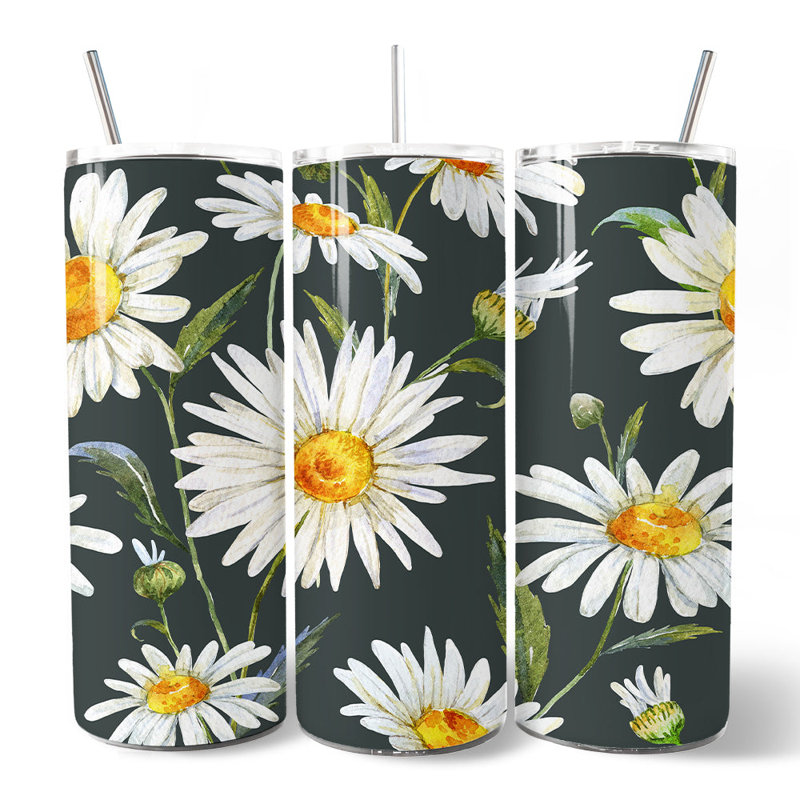 Gobelet personnalisé à motif de fleurs blanches avec couvercle 20 oz et paille en acier inoxydable