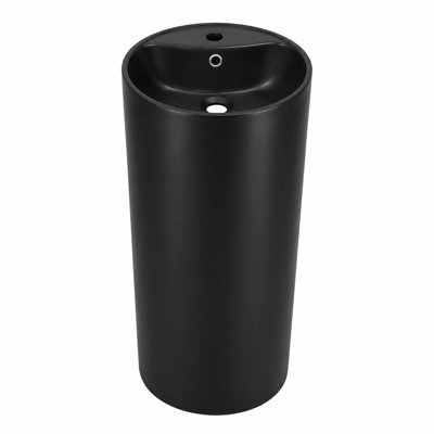 Matte Black Freestanding Round Ceramic Pedestal Sink, Modern Back‑to‑Wall installation Bathroom Wash Basin, 18.11" x 18.11" x 33.46", Porcelain Standing Vessel Sink for Bathroom & Balcony, Faucet & Drain Not Included