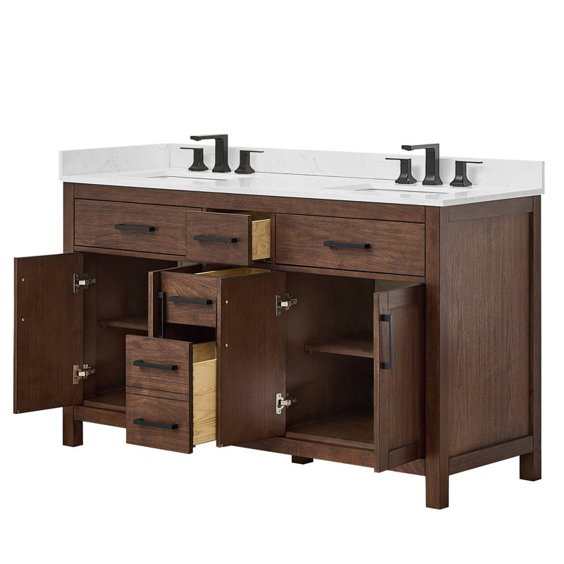 Ensemble de meuble-lavabo double 60 po Beckett, Noyer foncé avec bordure noir mat, Comptoir en marbre de culture de Carrare