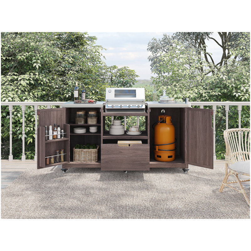 66.5" Outdoor Kitchen Island for Big Green Egg Grills, Solid Wood Outdoor Grill Cart for Tabletop Grill with Stainless Steel Top, Drawer, Compatible with Large Big Green Egg, Kamado Joe-Dark Brown