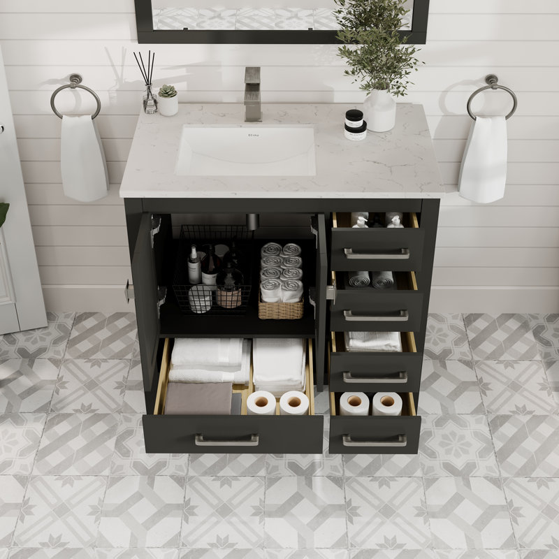 Meuble-lavabo en porcelaine encastrable l 38 po x P 18 po Eviva London, Quartz - blanc de Carrare, Espresso