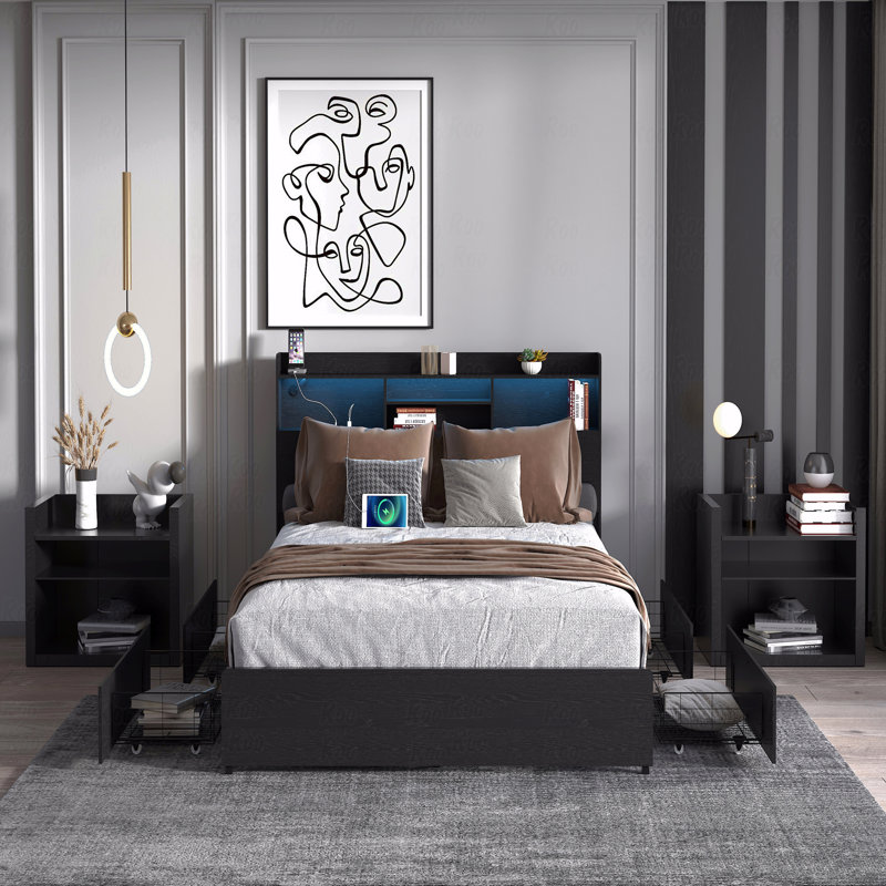 Cadre de lit grand avec 4 tiroirs avec fonction de rangement et grand lit avec tête de lit et tablette avec fonction de rangement Lit avec fonction de rangement avec DEL et avec station de charge