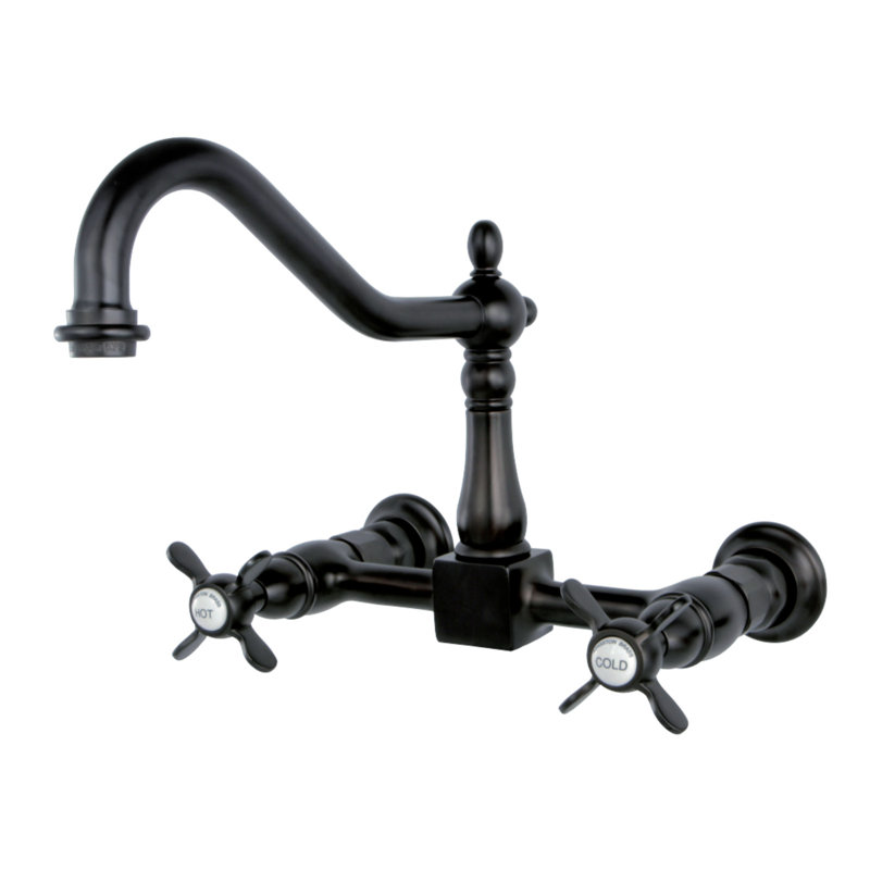 Kingston Brass Essex Double-Handle Wall-Mount Bridge Kitchen Faucet, Without Side Spray, Matte Black, Cross