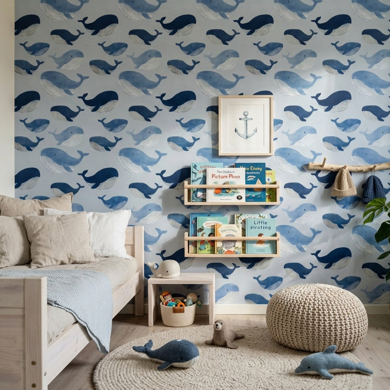 Papier peint double avec bord de mer amovible Whales, Peel and Stick