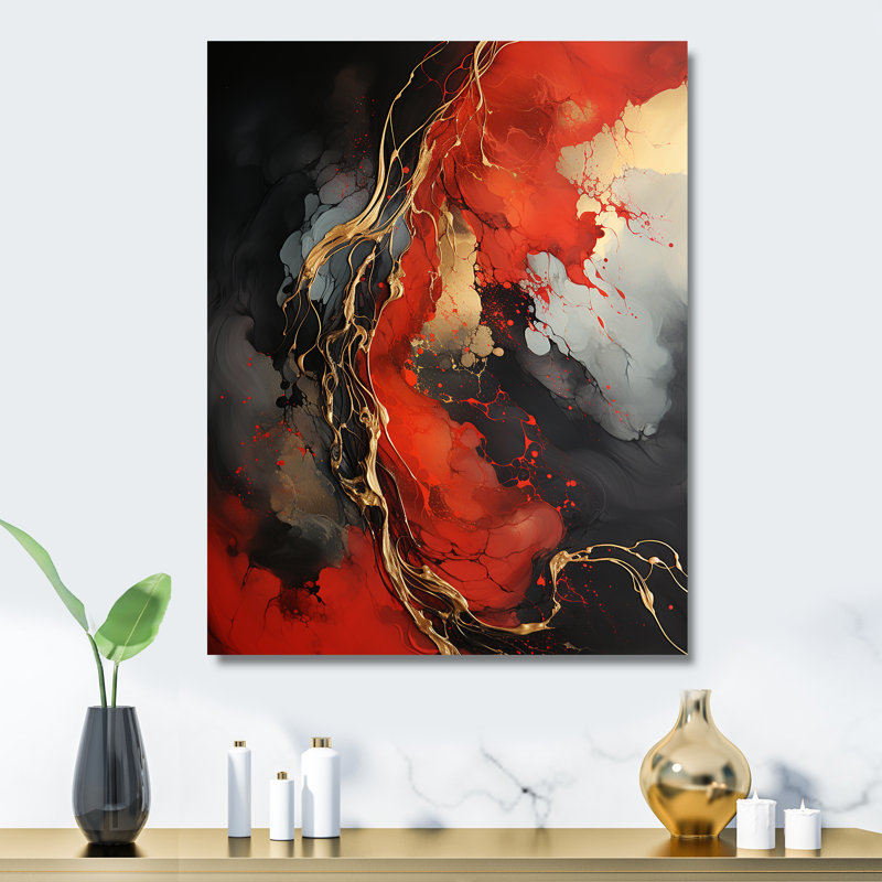 Rouge et rouge marbre volcan VI - Art mural abstrait en métal, H 40 po x l 30 po x P 1,5 po