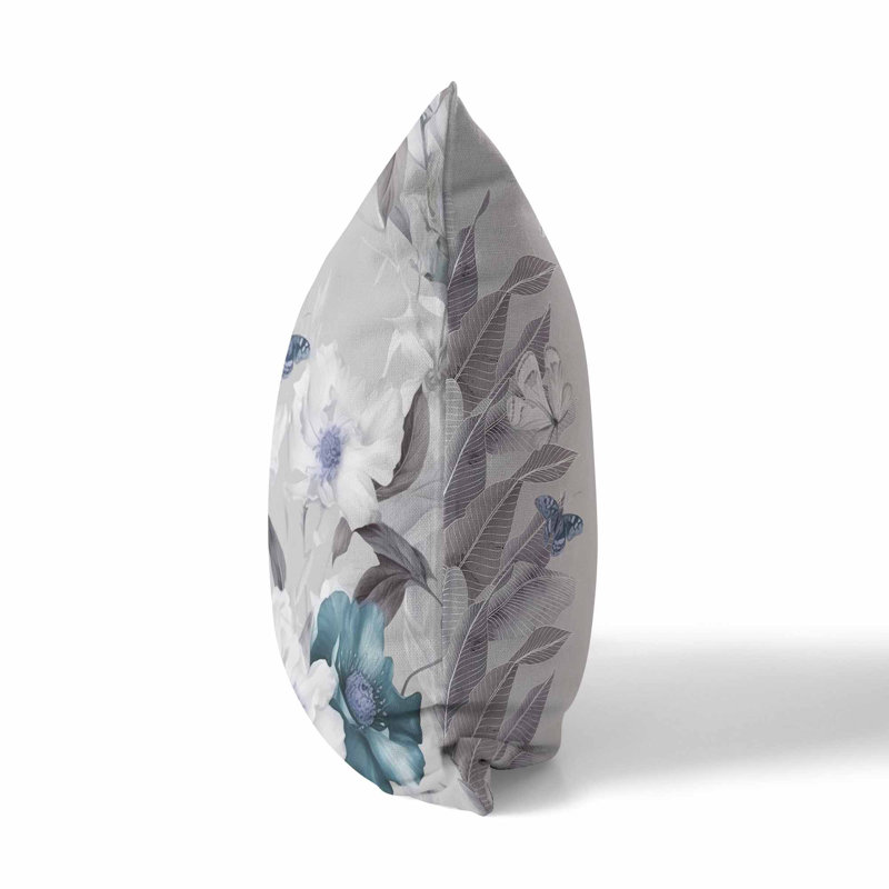 Coussin décoratif réversible Leafy Lepidoptera Medley, H 18 po x l 18 po, Bleu / Blanc / Gris