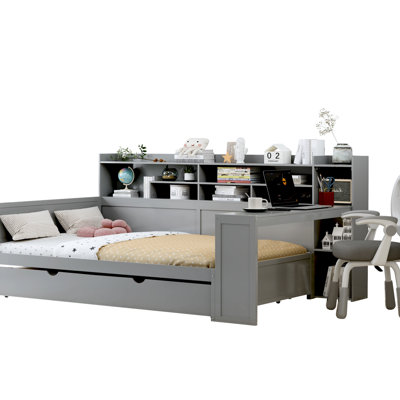 Multi - Functional Gray Full Size Wooden Daybed With Storage Shelves, Trundle Bed And Study Desk For Bedroom Practicality Finish, Twin Bed, Layer Ideal Space Saving Multifunctional Use