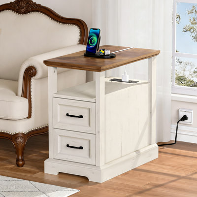 2-Drawer Farmhouse End Table With Built-In Outlets