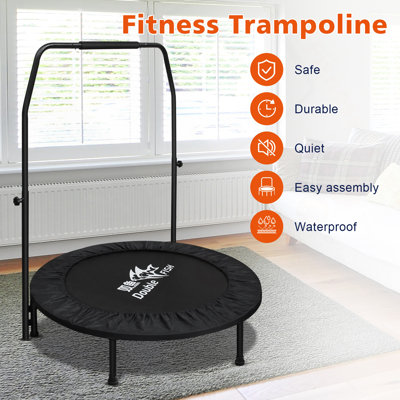 DOUBLE FISH High-Quality Adjustable Foam Handle 1 Mini Trampoline 48" - Supports Up To 400Lbs, Black Rectangular Fitness Rebounder For Adults - Ideal For Indoor & Outdoor Workouts