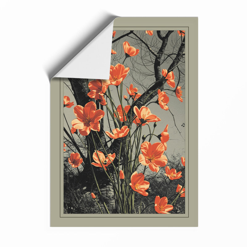 Orange Blooms in Black Japandi - Framed Print, Unframed, A1 - 84.1 x 59.4 cm