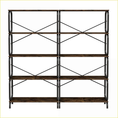 Bibliothèque, 5 niveaux industriel brun rustique | Panneau de fibres à densité moyenne + fer, anti-basculement, 90 lb / tablette | Industriel | Panneau de fibres à densité moyenne + fer