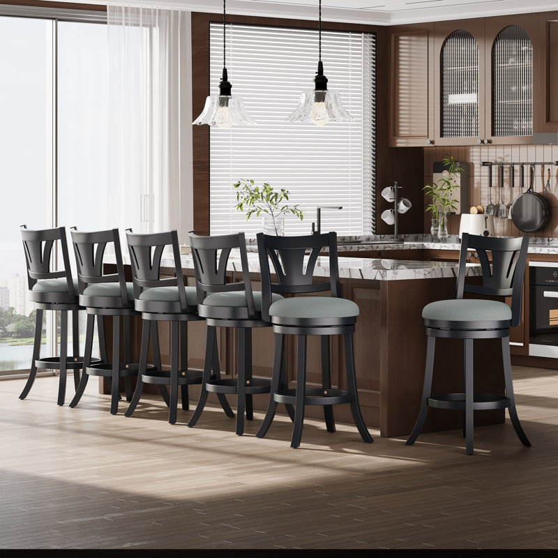 Upholstered Swivel Bar Stools with Curved Backrest & Solid Rubber Wood Legs, Gray Seat/Black Frame