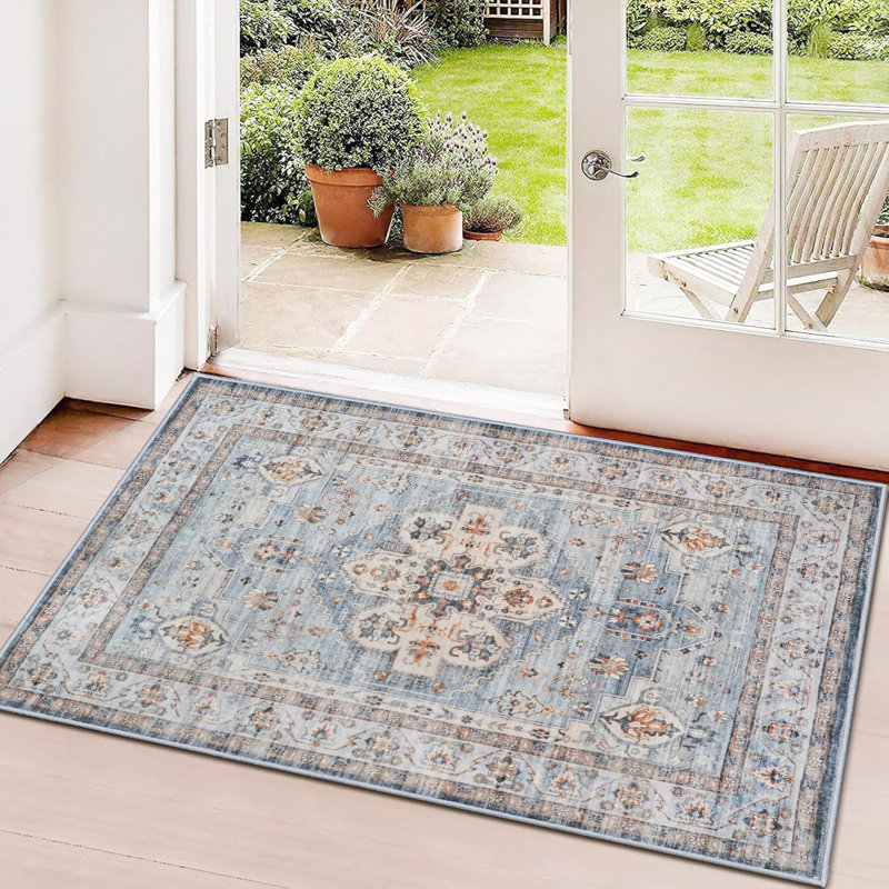 Washable Hallway Rug: Non Slip Rugs with Rubber Backing Soft Kitchen Rug Farmhouse Distressed Carpet for Living Room Bedroom Bathroom (Blue)