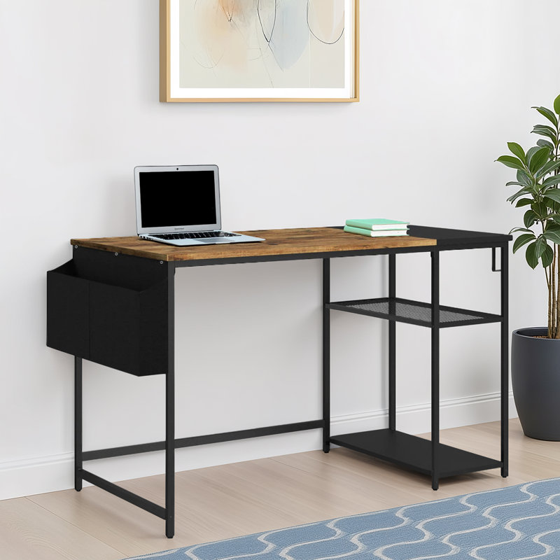 Myra 47" W Home Office Computer Writing Study Desk with Storage Shelves, Brown/Black