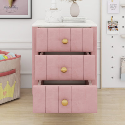 3-Drawer Upholstered Nightstand with Marble Stickers Top, Sturdy Metal Legs & Elegant Metal Handles
