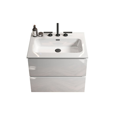 Meuble-lavabo mural avec lavabo en céramique et trois trous de robinet