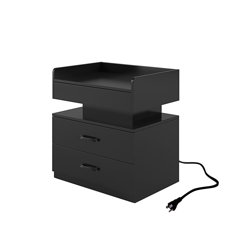 1 Set Nightstand With Adjustable LED Strip Light, Black