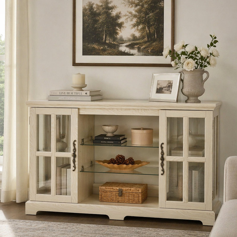 Armoire basse à 2 portes avec treillis latéral et poignées rétro, 2 tablettes réglables à 2 niveaux, armoire de rangement multifonctionnelle en verre pour la salle à manger, le salon, la chambre à coucher, le salon, BLANC