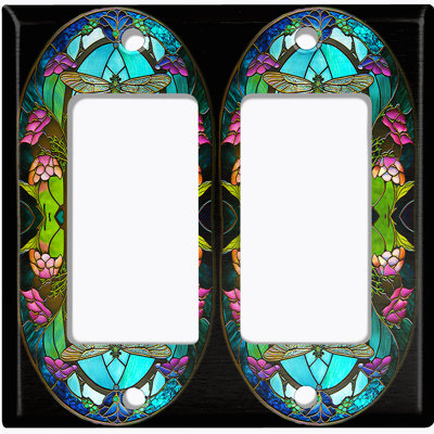 Metal Light Switch Plate Outlet Cover (Beautiful Dragon Fly Flower  - Double Rocker)