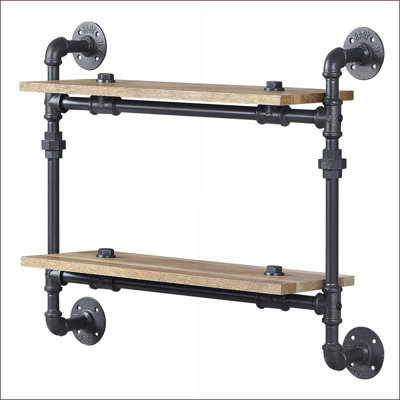 Tablette murale, chêne industriel à 2 niveaux Noir sable | Bois et métal | Ouvert à l'arrière