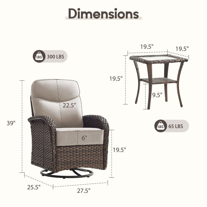 Arbor Swivel Glider Patio Chairs With Side Table, Luxury 6" Water-Resistant Olefin Cushions Outdoor Wicker Chairs For Porch & Backyard